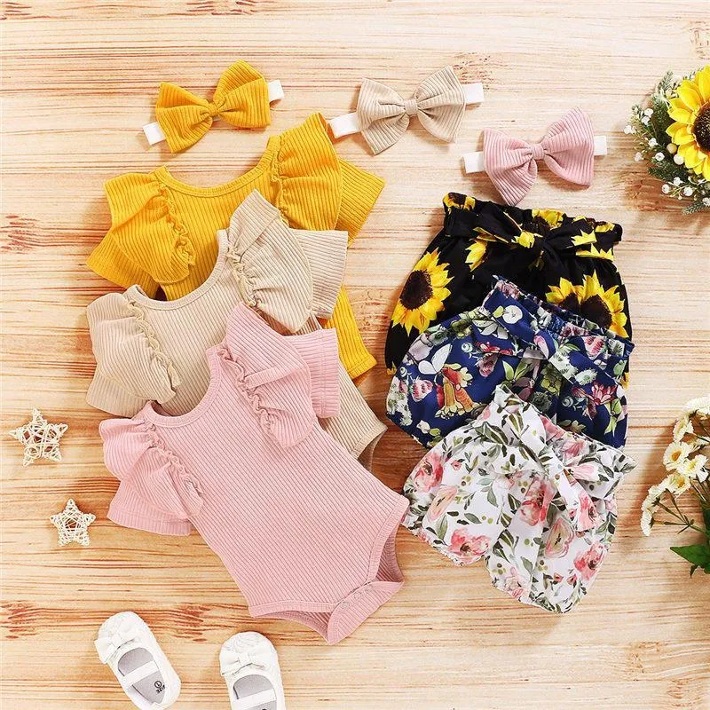 3-piece Solid Ruffle Bodysuit & Floral Printed Shorts & Headband for Baby Clothing Wholesale