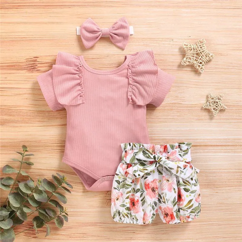 3-piece Solid Ruffle Bodysuit & Floral Printed Shorts & Headband for Baby Clothing Wholesale