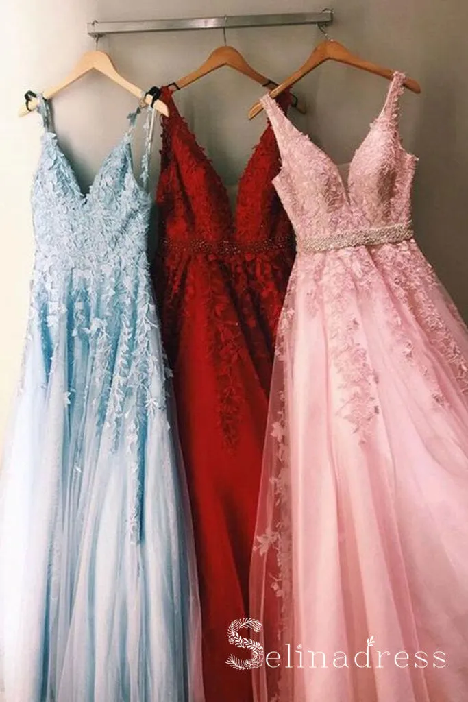 A-line Stylish Multi-color Tulle Lace Cheap Modest Long Prom Dress Formal Evening Dress SED043