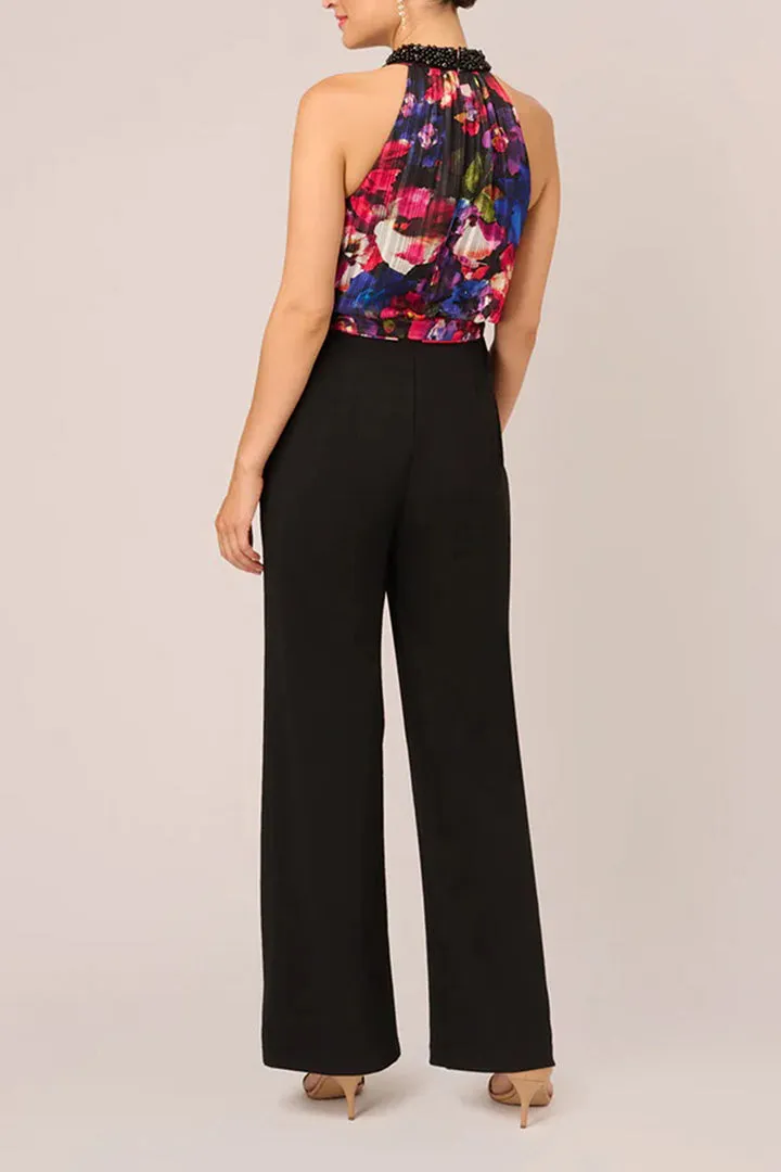 Adrianna Papell embellished halter neck floral print chiffon bodice zipper closure straight leg solid crepe pant