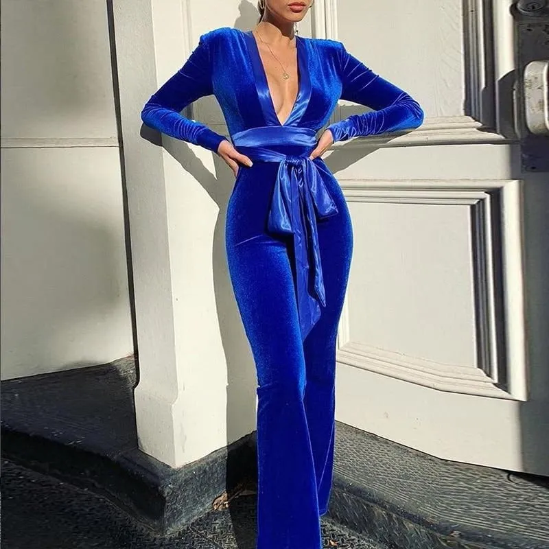 Amozae-- Solid Velvet Women Long Sleeve V Neck Wide Leg Jumpsuit Shoulder Pads Belt Streetwear Party Elegant   Autumn Rompers