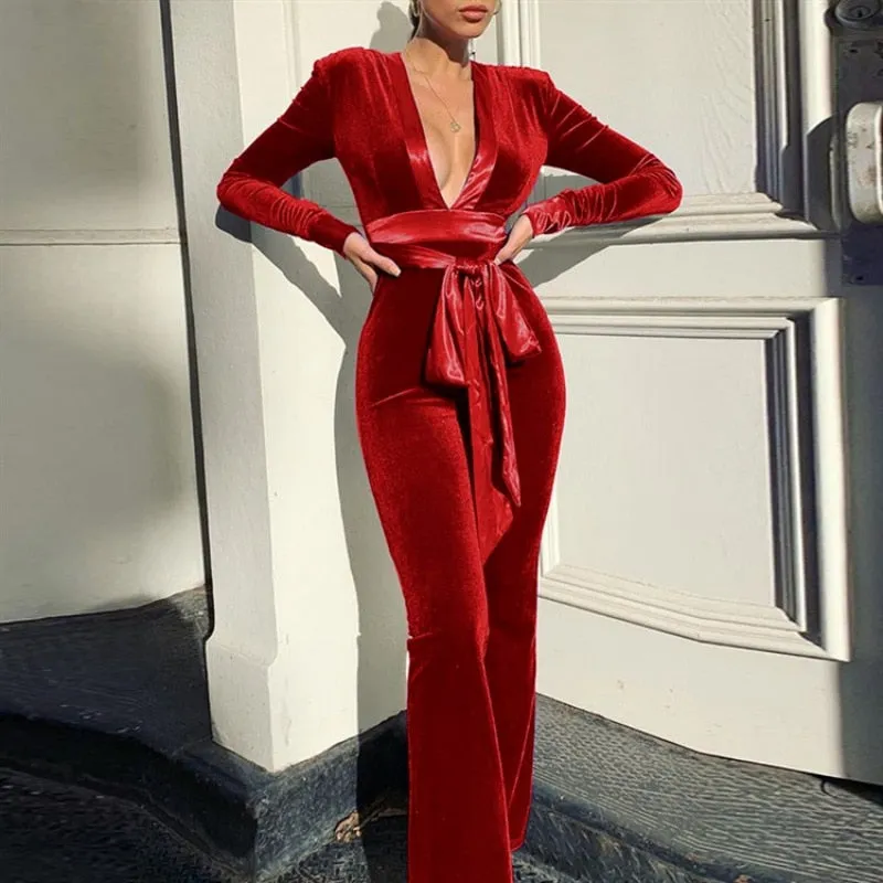 Amozae-- Solid Velvet Women Long Sleeve V Neck Wide Leg Jumpsuit Shoulder Pads Belt Streetwear Party Elegant   Autumn Rompers