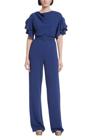 Badgley Mischka cowl neck drapey sleeve belted zipper closure solid stretch crepe jumpsuit