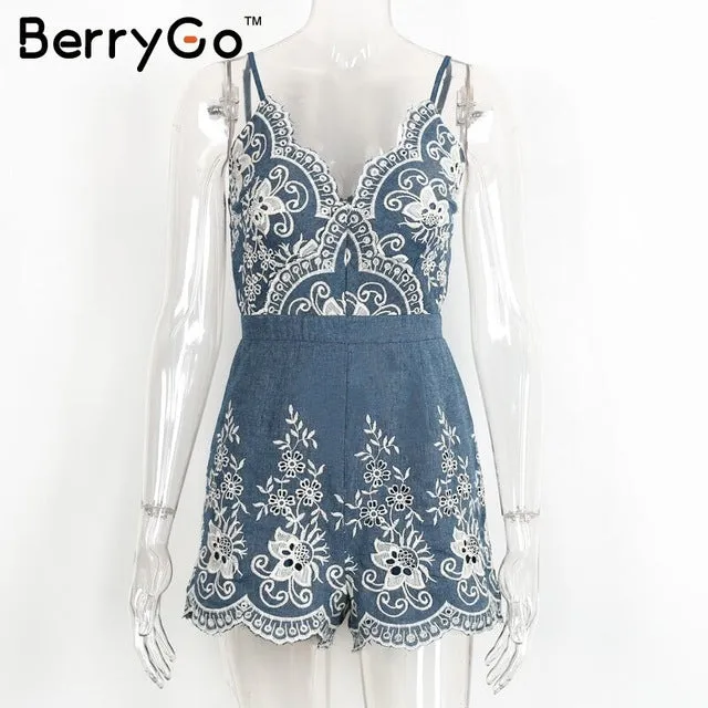 BerryGo Embroidery strap summer jumpsuit romper V neck zipper elegant jumpsuit women Floral playsuit 2017 sexy short overalls