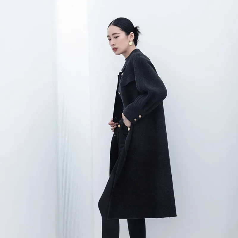 Black Long Wool Coats Metal Button