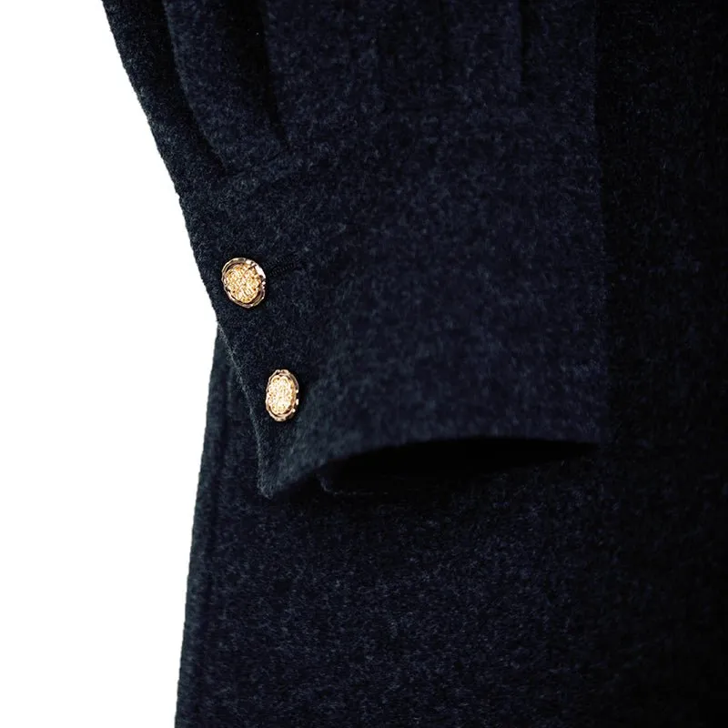 Black Long Wool Coats Metal Button