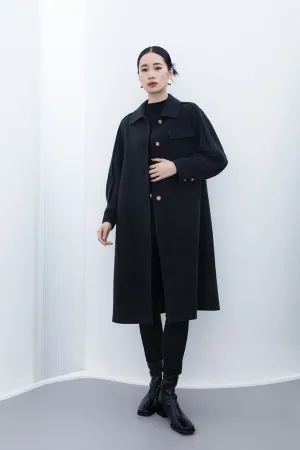 Black Long Wool Coats Metal Button