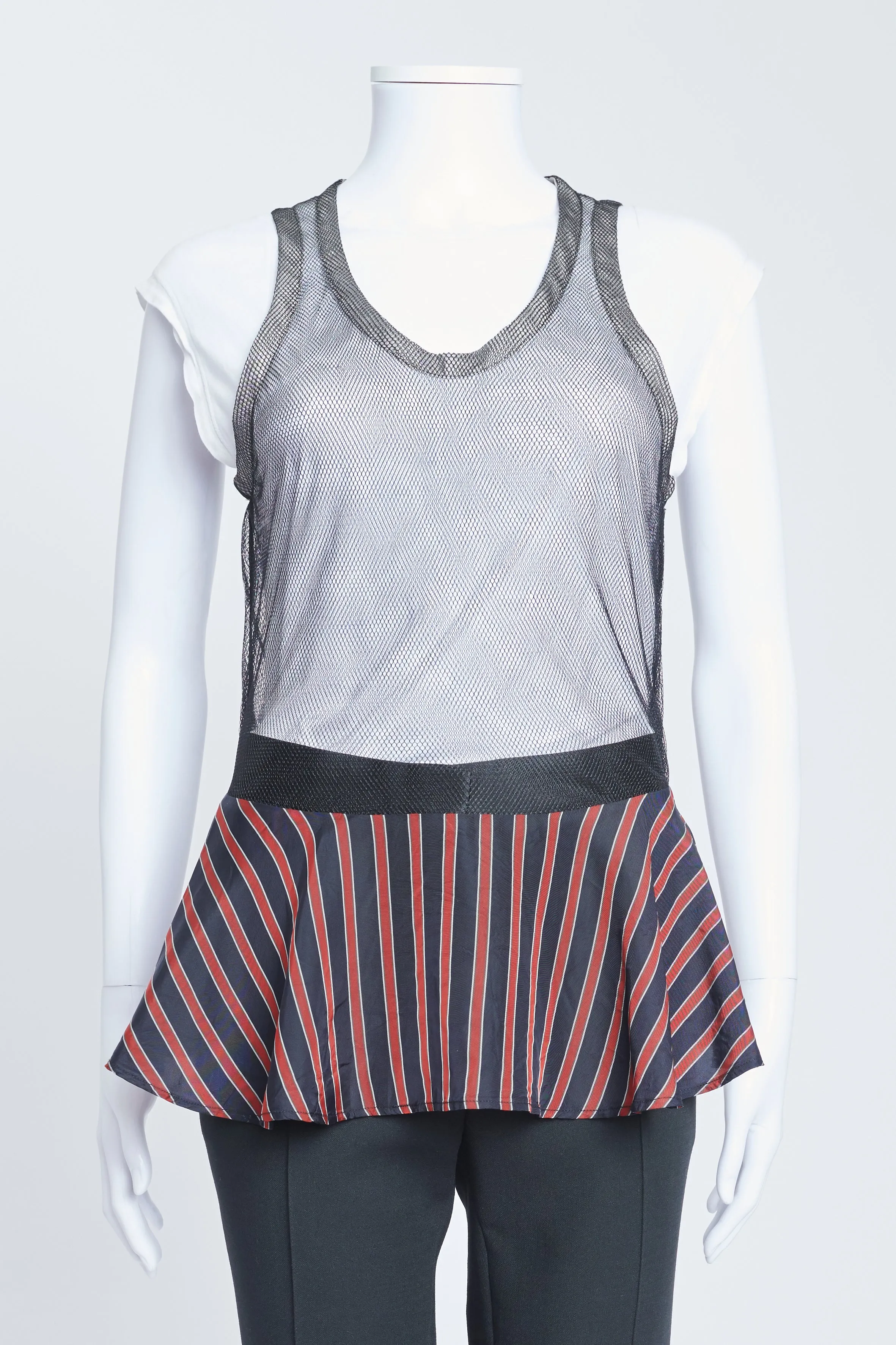 Black Mesh Vest With Navy Striped Hem