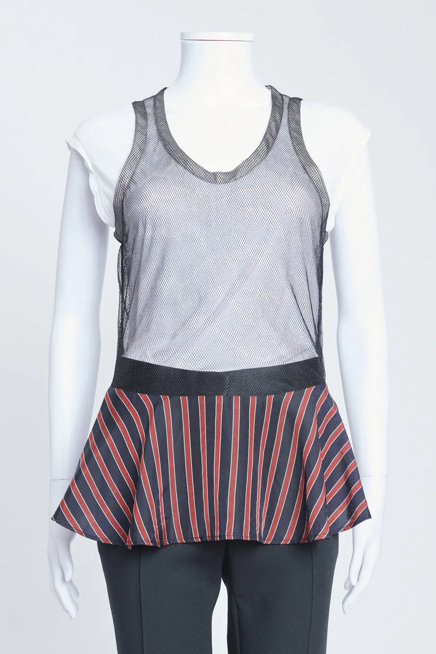 Black Mesh Vest With Navy Striped Hem