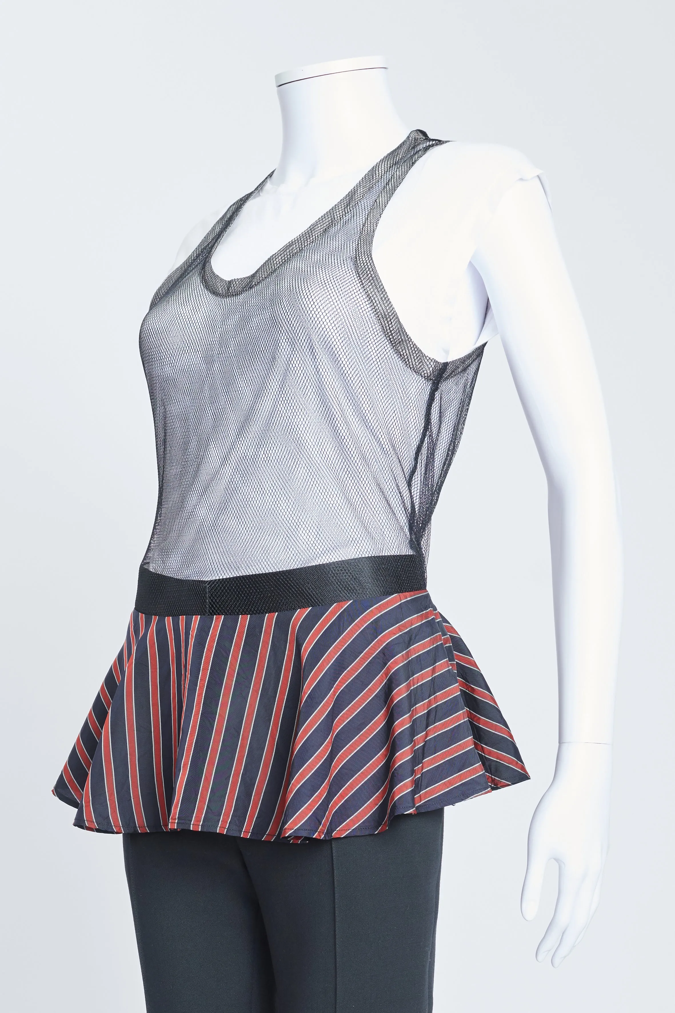 Black Mesh Vest With Navy Striped Hem