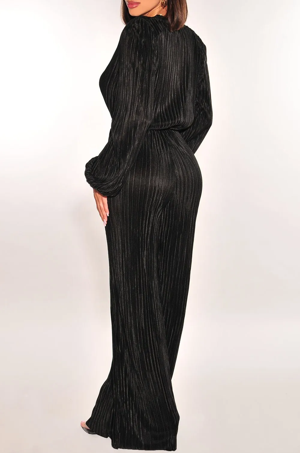 Black Pleated Long Sleeve Deep Plunge V Neck Shoulder Pad Belted Jumpsuit