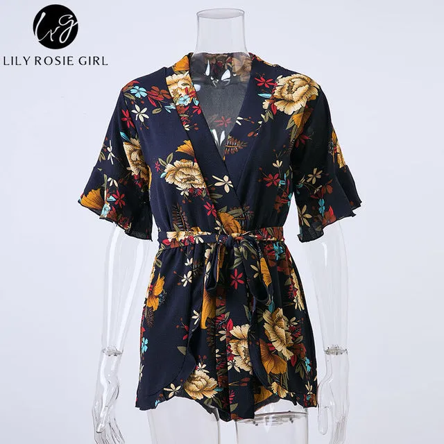 Boho Red Floral Print Ruffles Playsuits Women Elegant Autumn White V Neck Jumpsuits Rompers Sexy Beach Girls Short Overalls