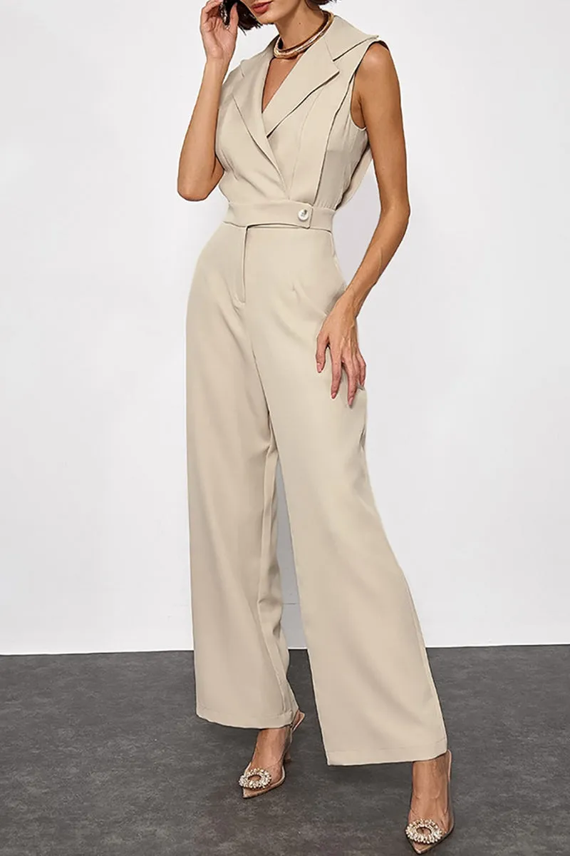 British Style Elegant Solid Patchwork Turn-back Collar Loose Jumpsuits