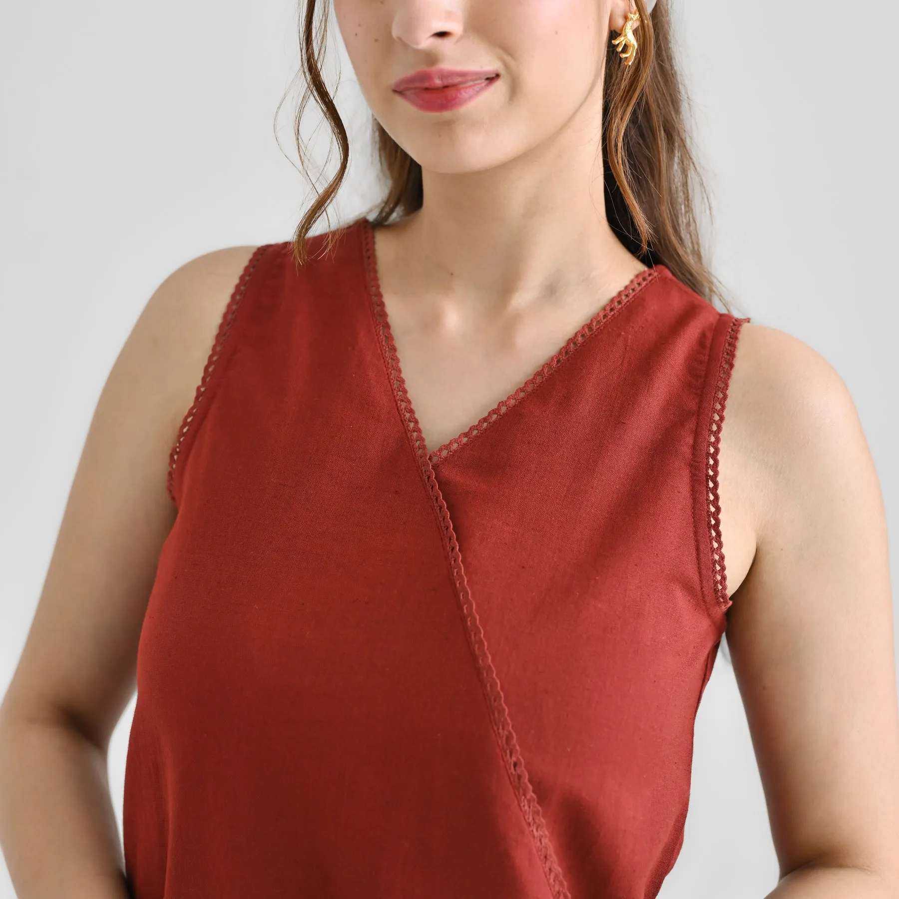 Brown Linen Cotton Sleeveless Tunic with Lace Detail