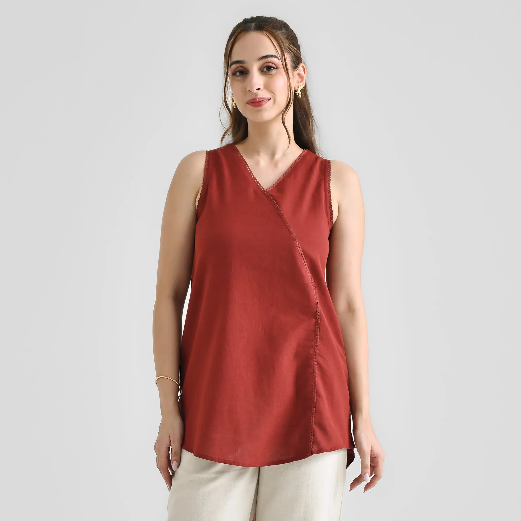 Brown Linen Cotton Sleeveless Tunic with Lace Detail