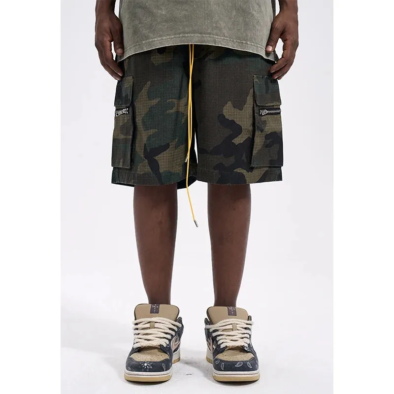 Camouflage Vintage Casual Shorts with Drawstring and Pockets