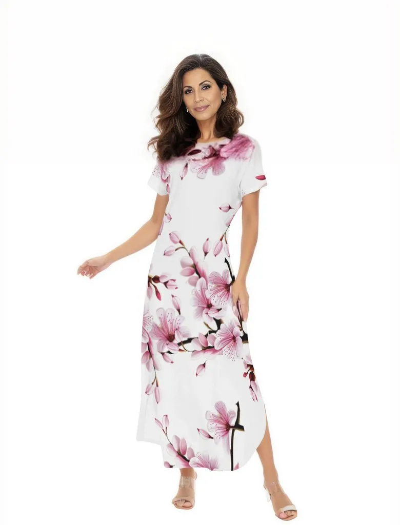 Cherry Blossom Womens Short Sleeve Long Draped Dress