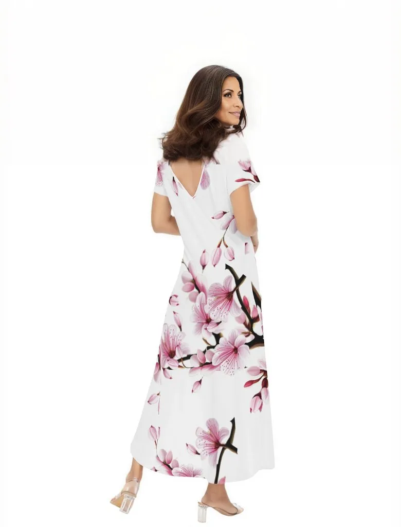 Cherry Blossom Womens Short Sleeve Long Draped Dress