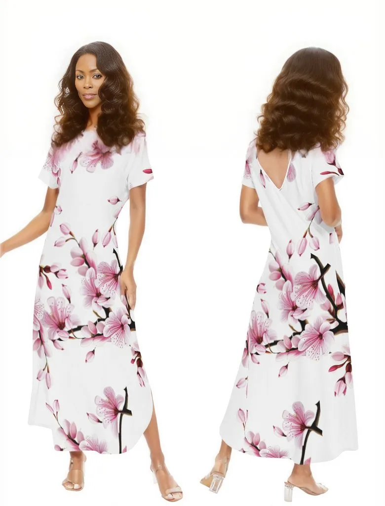 Cherry Blossom Womens Short Sleeve Long Draped Dress