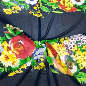 Colourful Floral Bunch on Navy Chiffon Fabric