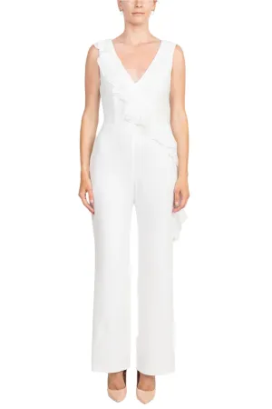 Connected Apparel V-Neck Sleeveless Ruffled Draped Zipper Back Jumpsuit