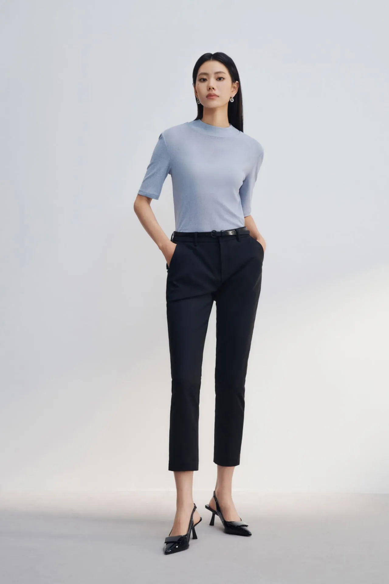 Cotton Blend Cropped Skinny Pants With Belt