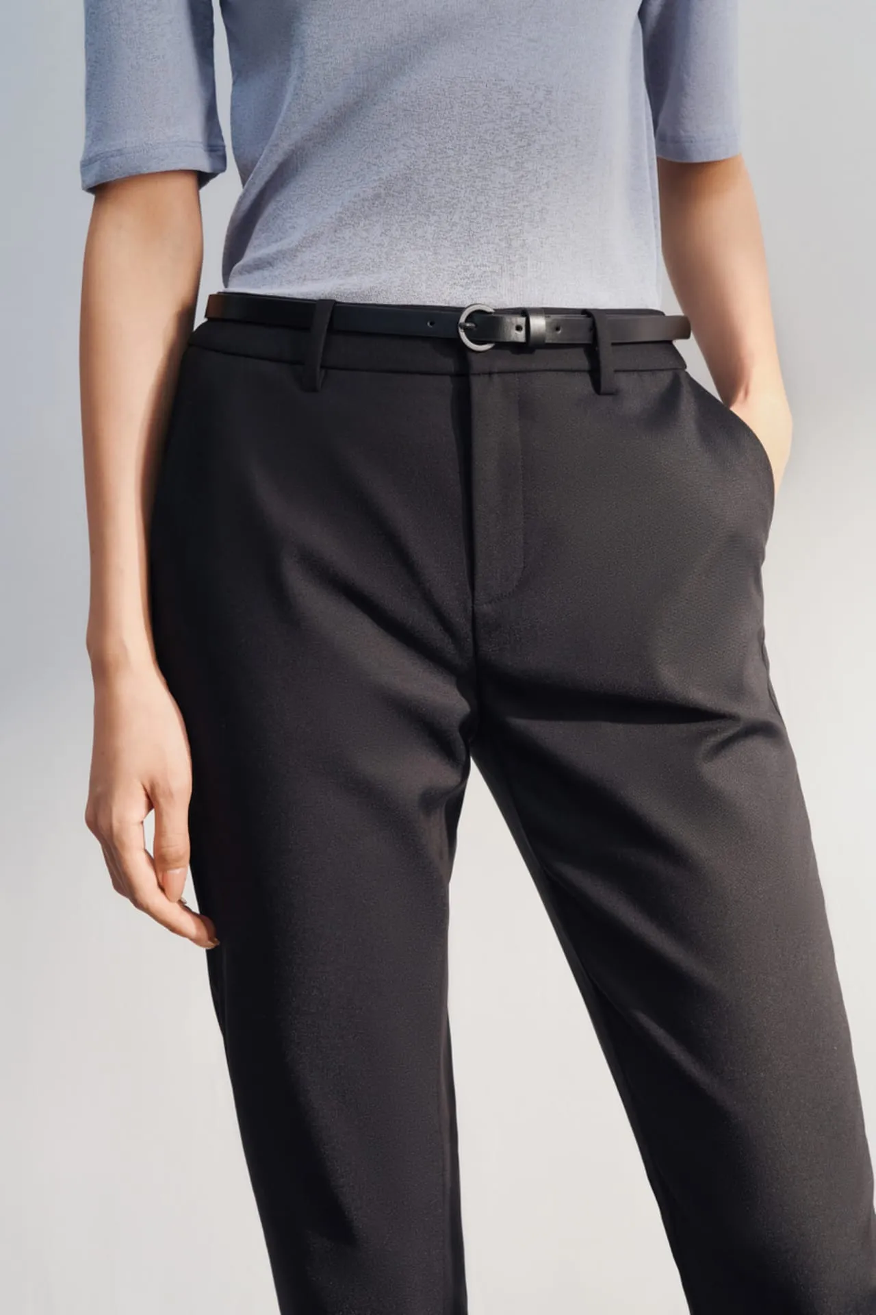 Cotton Blend Cropped Skinny Pants With Belt