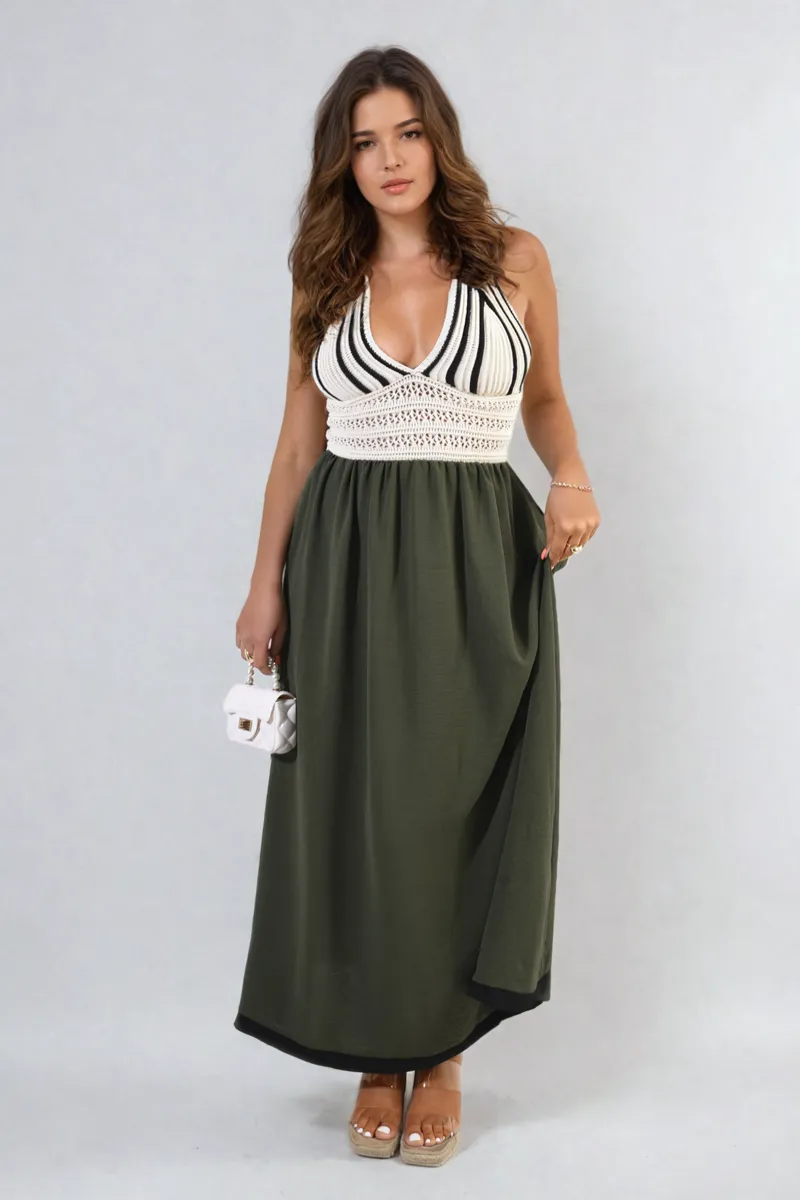 Crochet V-Neck Halter Backless Maxi Dress