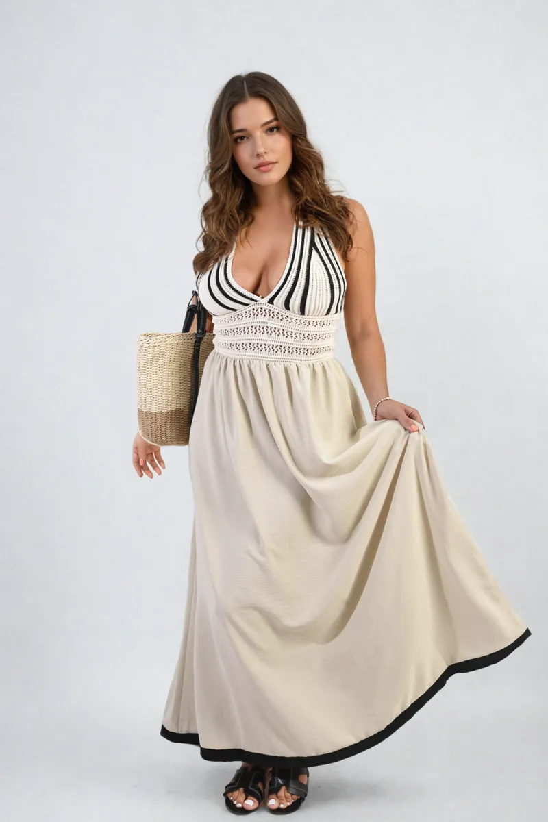 Crochet V-Neck Halter Backless Maxi Dress