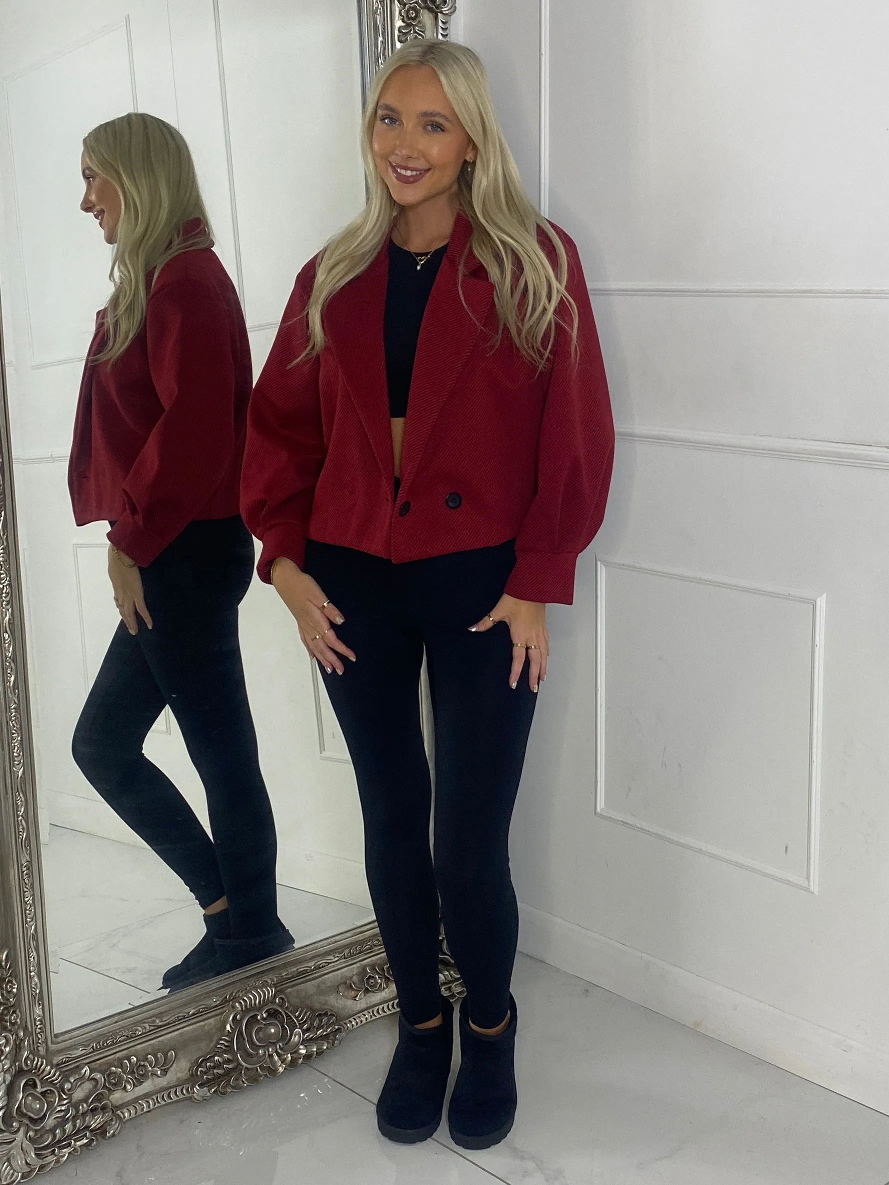 Cropped Balloon Sleeve Collar Jacket - Red