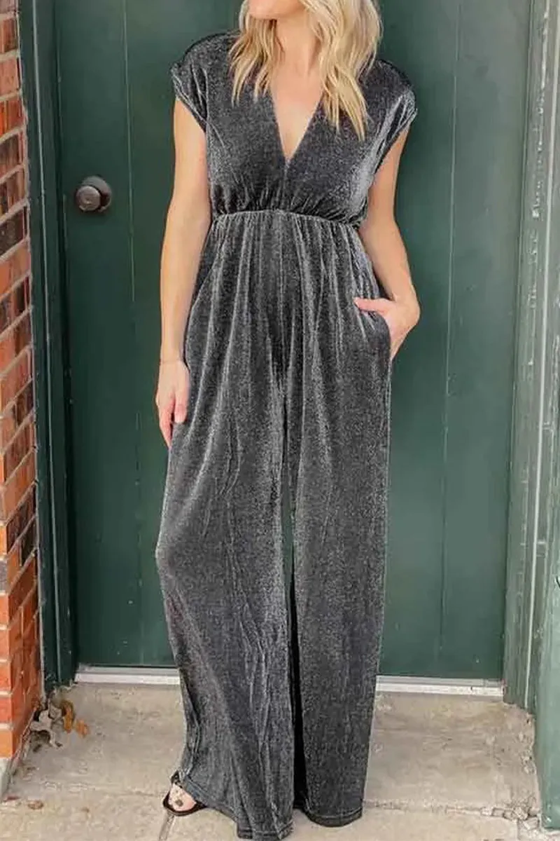 Elegant Simplicity Solid Pocket V Neck Loose Jumpsuits