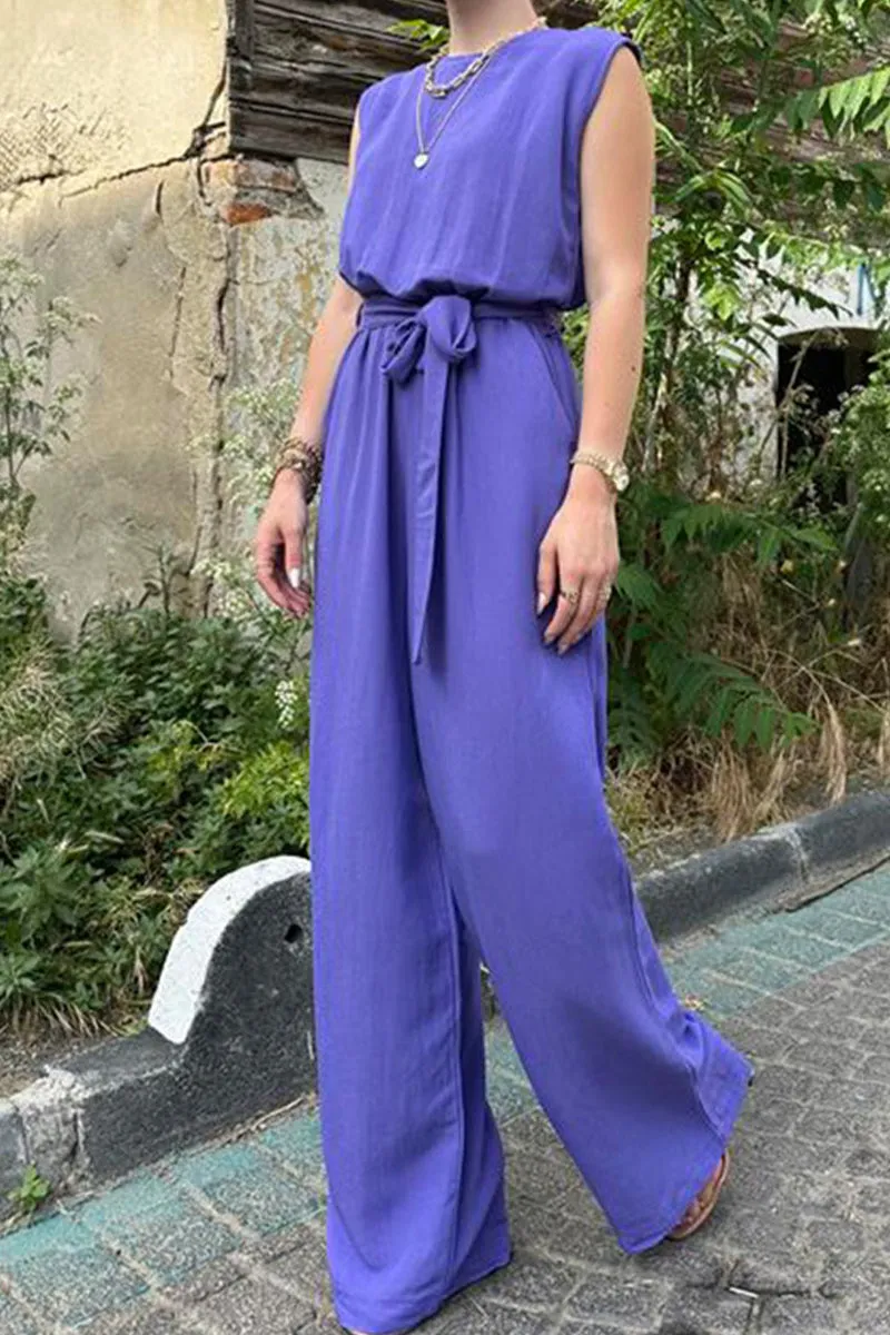 Elegant Solid Frenulum O Neck Loose Jumpsuits