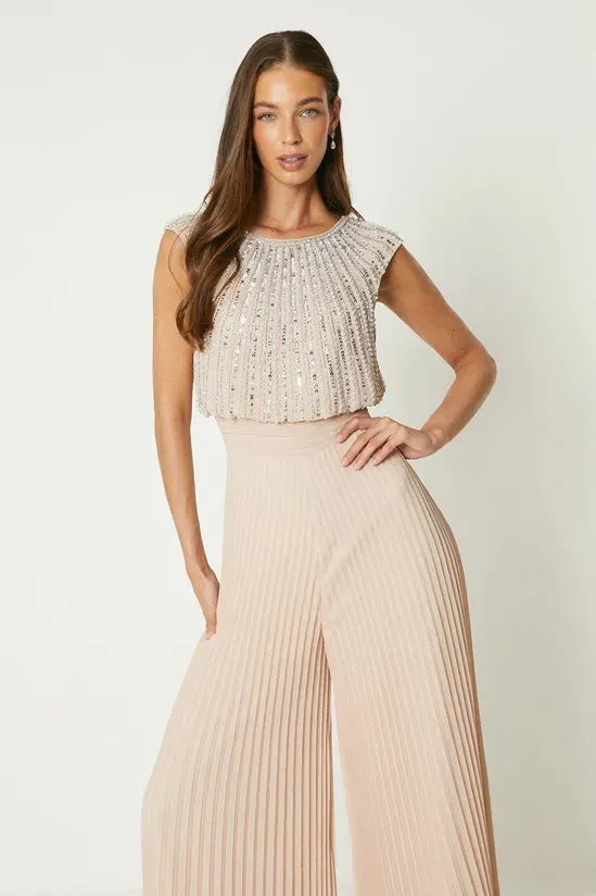 Embellished Bodice Pleat Jumpsuit