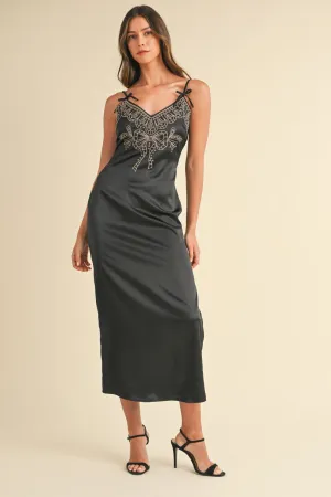 Embroidered Cami Satin Midi Slit Dress