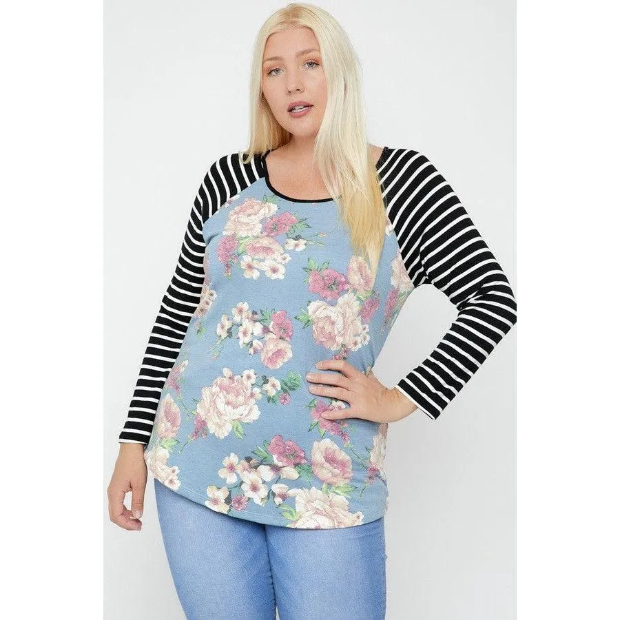 Floral Top Featuring Raglan Style Striped Sleeves And A Round Neck