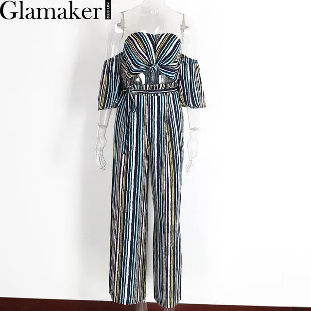 Glamaker Spring off shoulder two piece striped loose pants Sexy slim casual jumpsuit romper Cool summer elegant jumpsuit