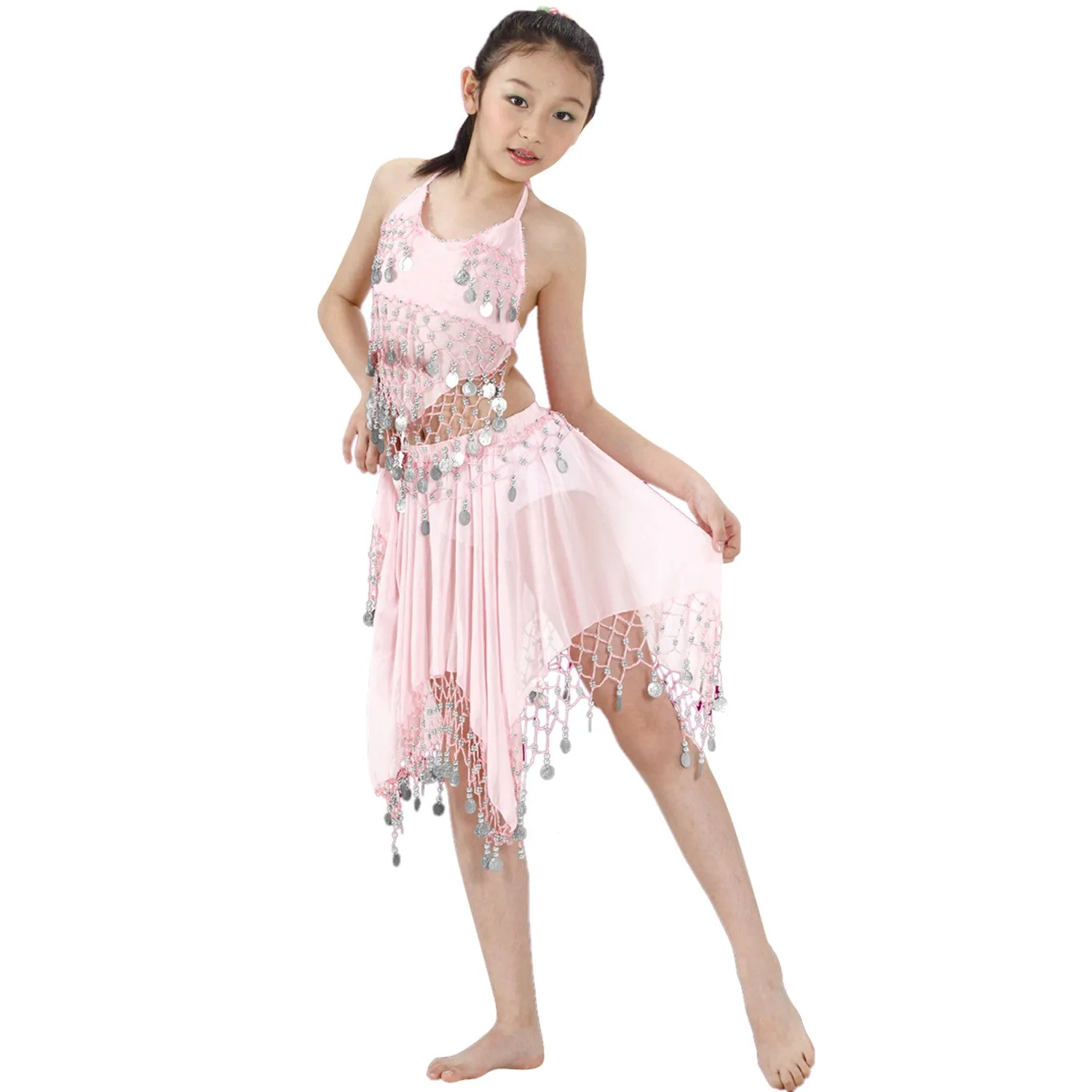 Kids Professional Belly Dance Halter top & Skirt Costume with Silver Coins