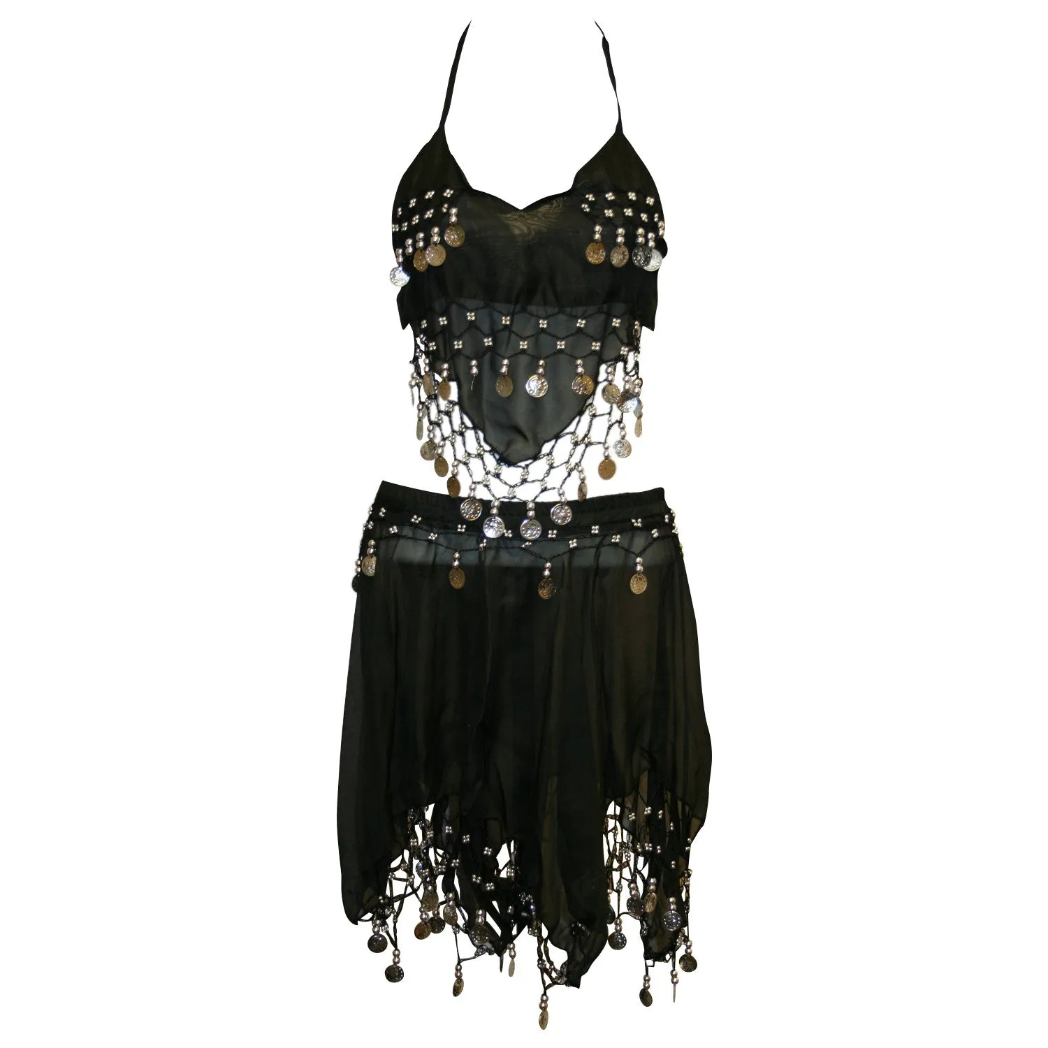 Kids Professional Belly Dance Halter top & Skirt Costume with Silver Coins