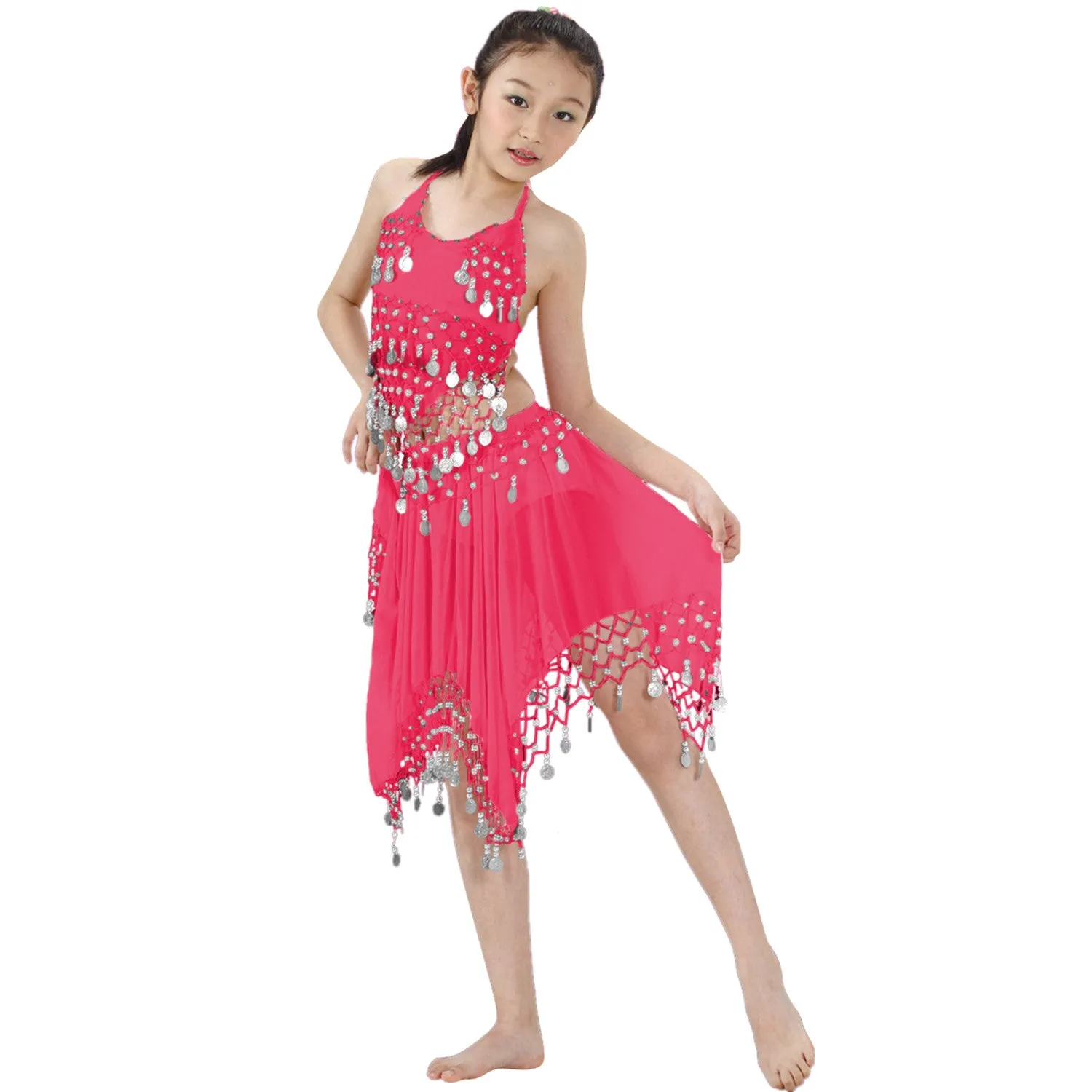 Kids Professional Belly Dance Halter top & Skirt Costume with Silver Coins