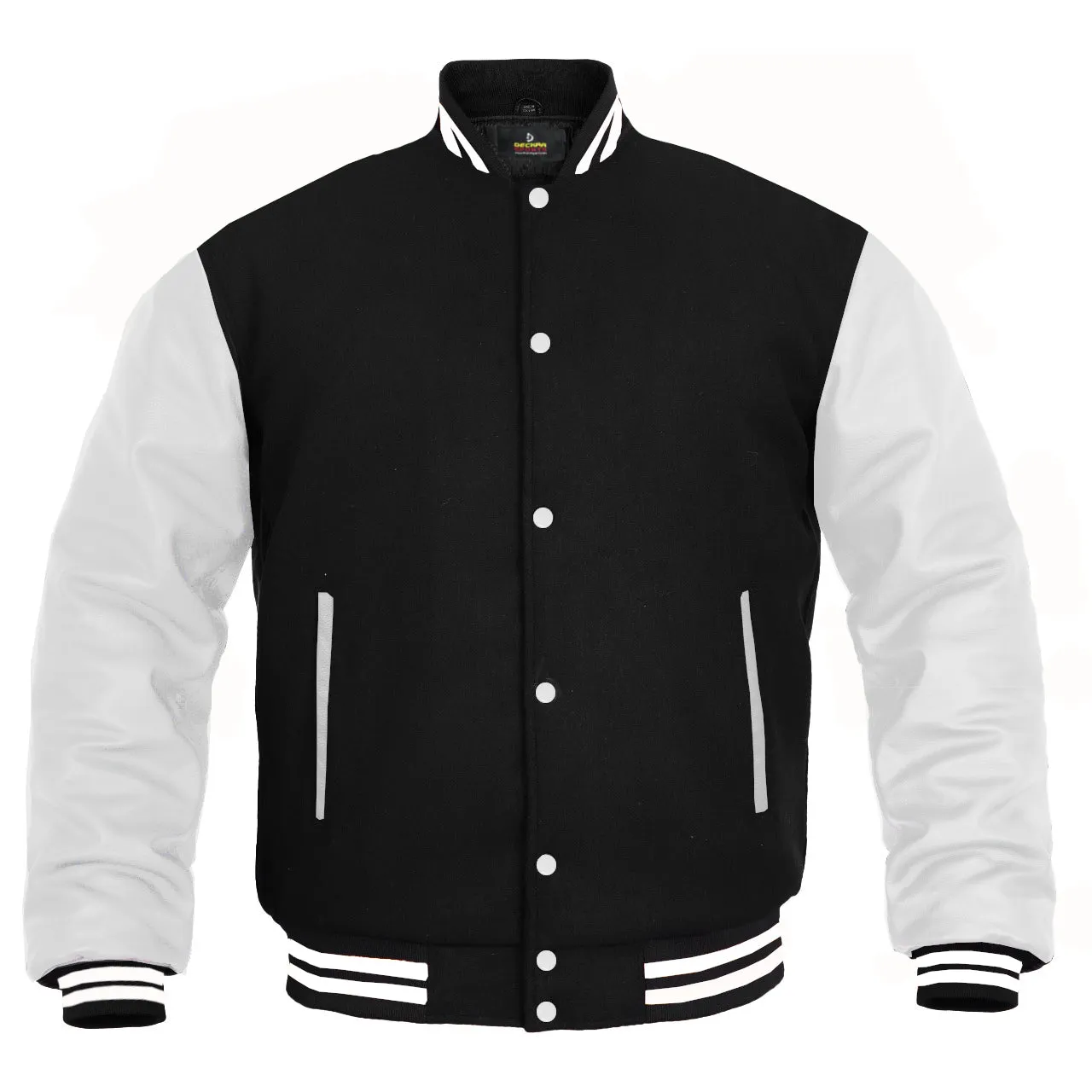 Kids Varsity Jacket Genuine Leather Sleeve and Wool Blend Letterman Boys College/School Varsity Jackets Black/White