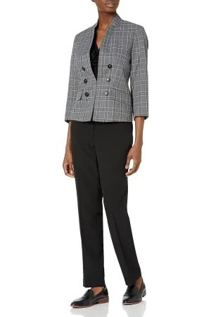 Le Suit Windowpane Pattern 6 Button Hook Closure Jacket with Button Hook Zipper Closure Crepe Pants Suit (Two Piece Set)