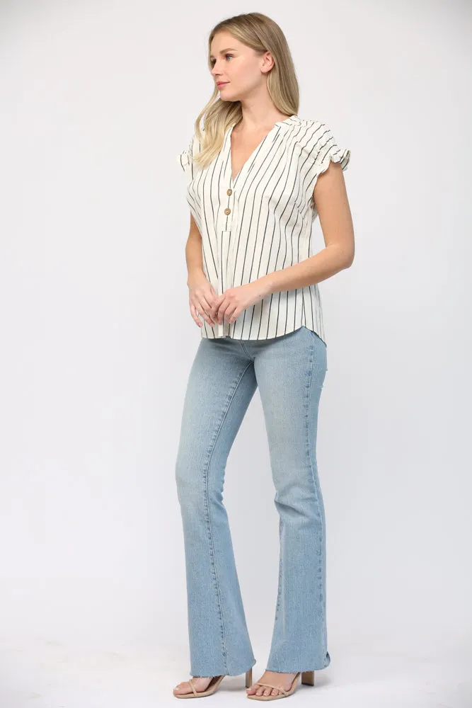 Linen Stripe Split Neck Top