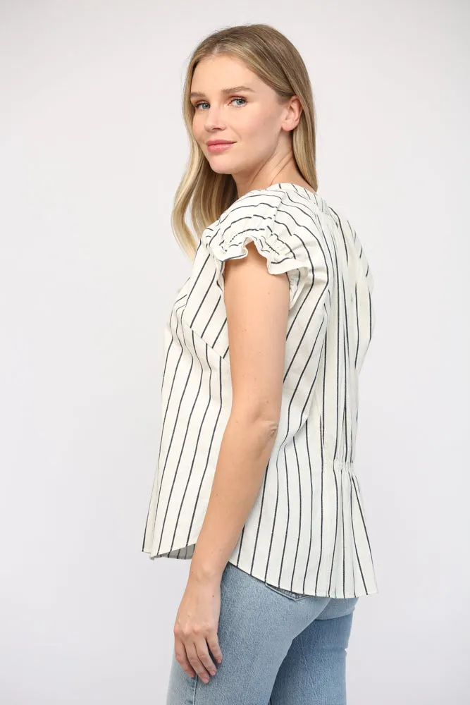 Linen Stripe Split Neck Top