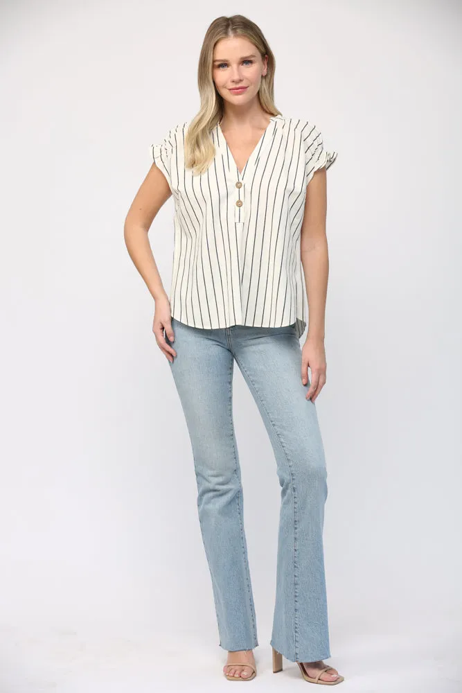 Linen Stripe Split Neck Top