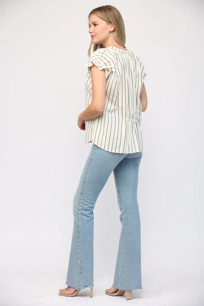 Linen Stripe Split Neck Top