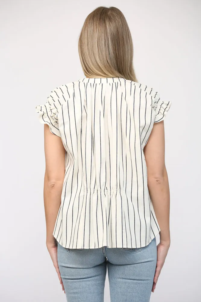 Linen Stripe Split Neck Top