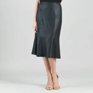 Elegant Black Liquid Leather Midi Skirt with Flounce Detail