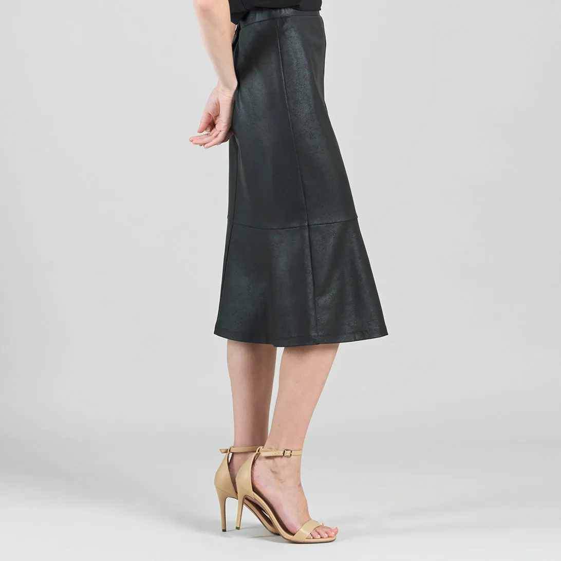 Elegant Black Liquid Leather Midi Skirt with Flounce Detail