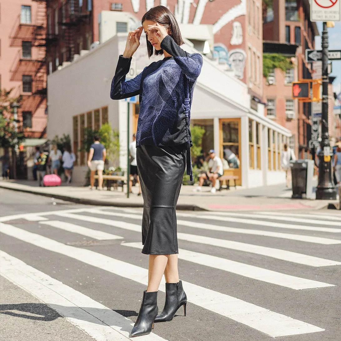 Elegant Black Liquid Leather Midi Skirt with Flounce Detail