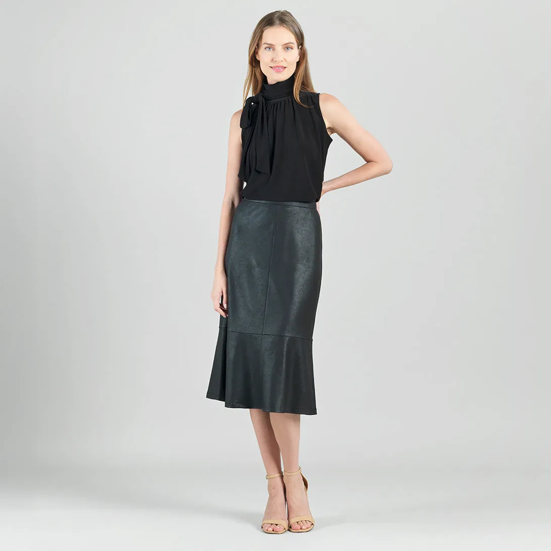 Elegant Black Liquid Leather Midi Skirt with Flounce Detail